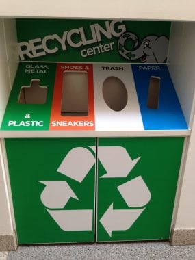 Recycling station with an option to recycle sneakers in the gym